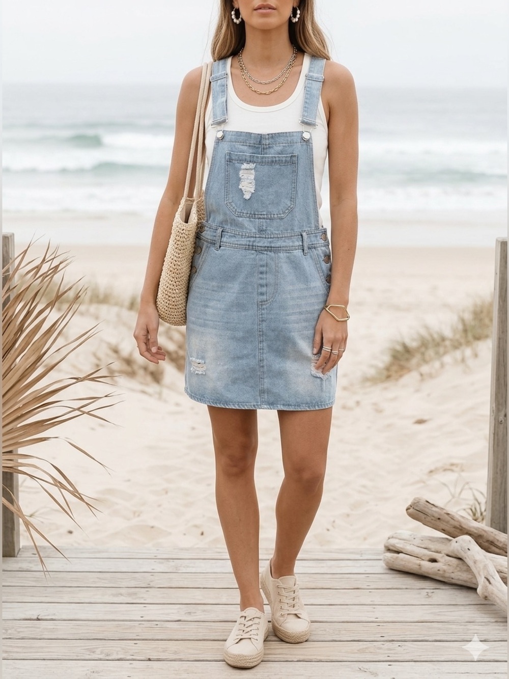J For Justify Distressed Denim Overall Dress Sz S Light Wash Pinafore Mini